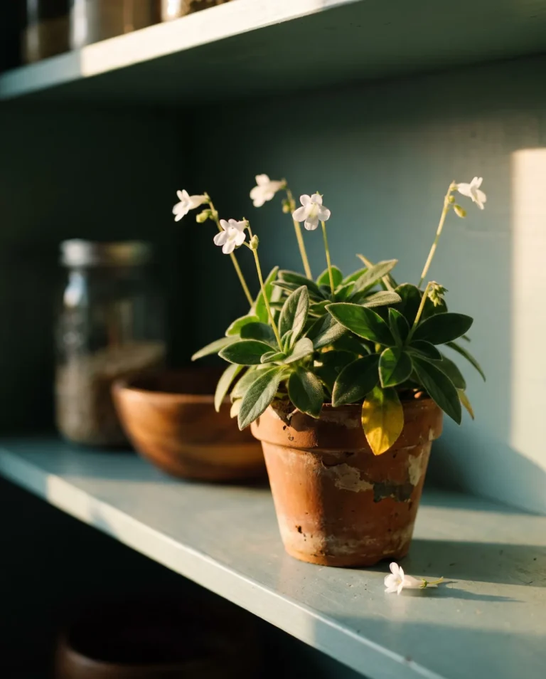 Dancing Doves, a small white-flowered Streptocarpella on a kitchen shelf, its flowers held on fine stalks above whorled leaves