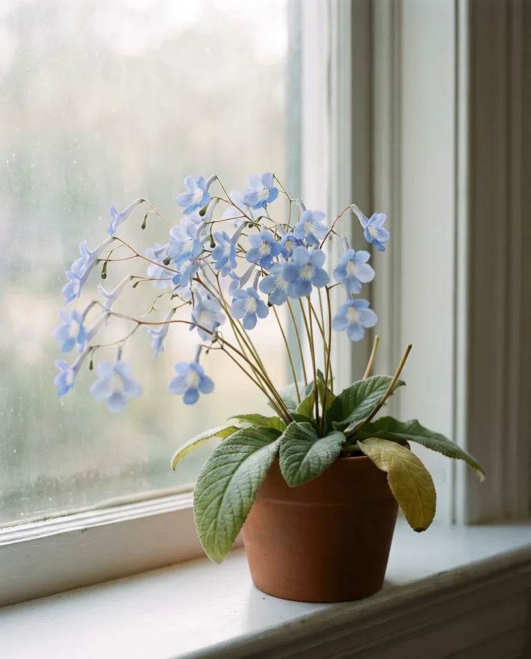 A Falling Stars cape primrose carrying a cloud of small light blue veined flowers with white centres above its leaves