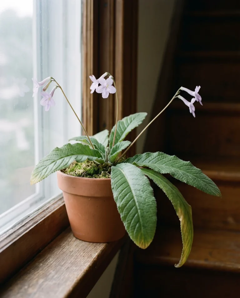 The wild species Streptocarpus rexii as a stemless clump of long strap leaves with pale lilac veined trumpets on tall thin stalks
