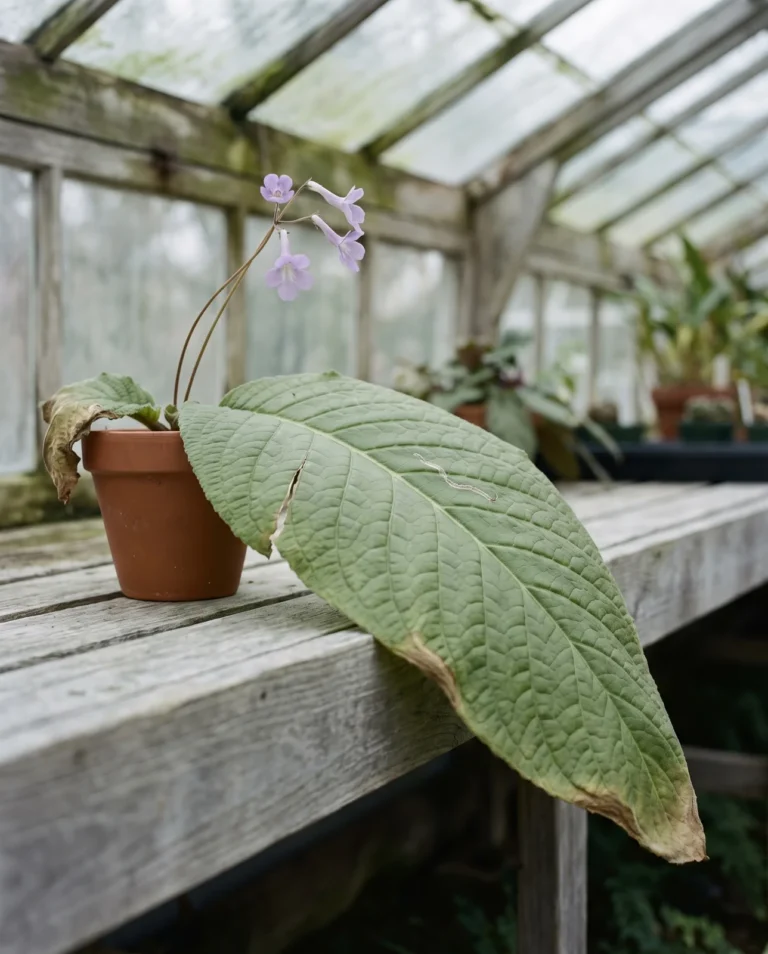 A unifoliate cape primrose that has made only one enormous strap leaf, with a single flower stalk rising from its base
