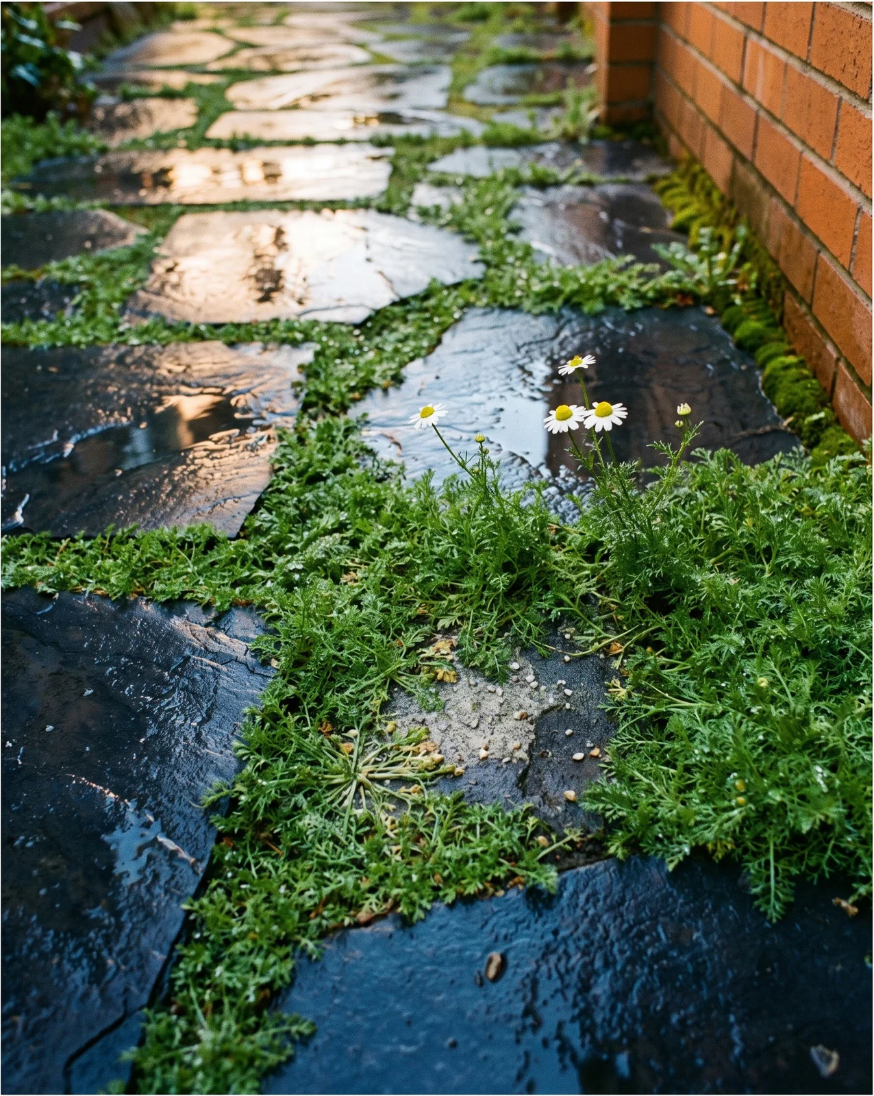 Roman chamomile creeping out of the joints between wet flagstones with grit top-dressing around it