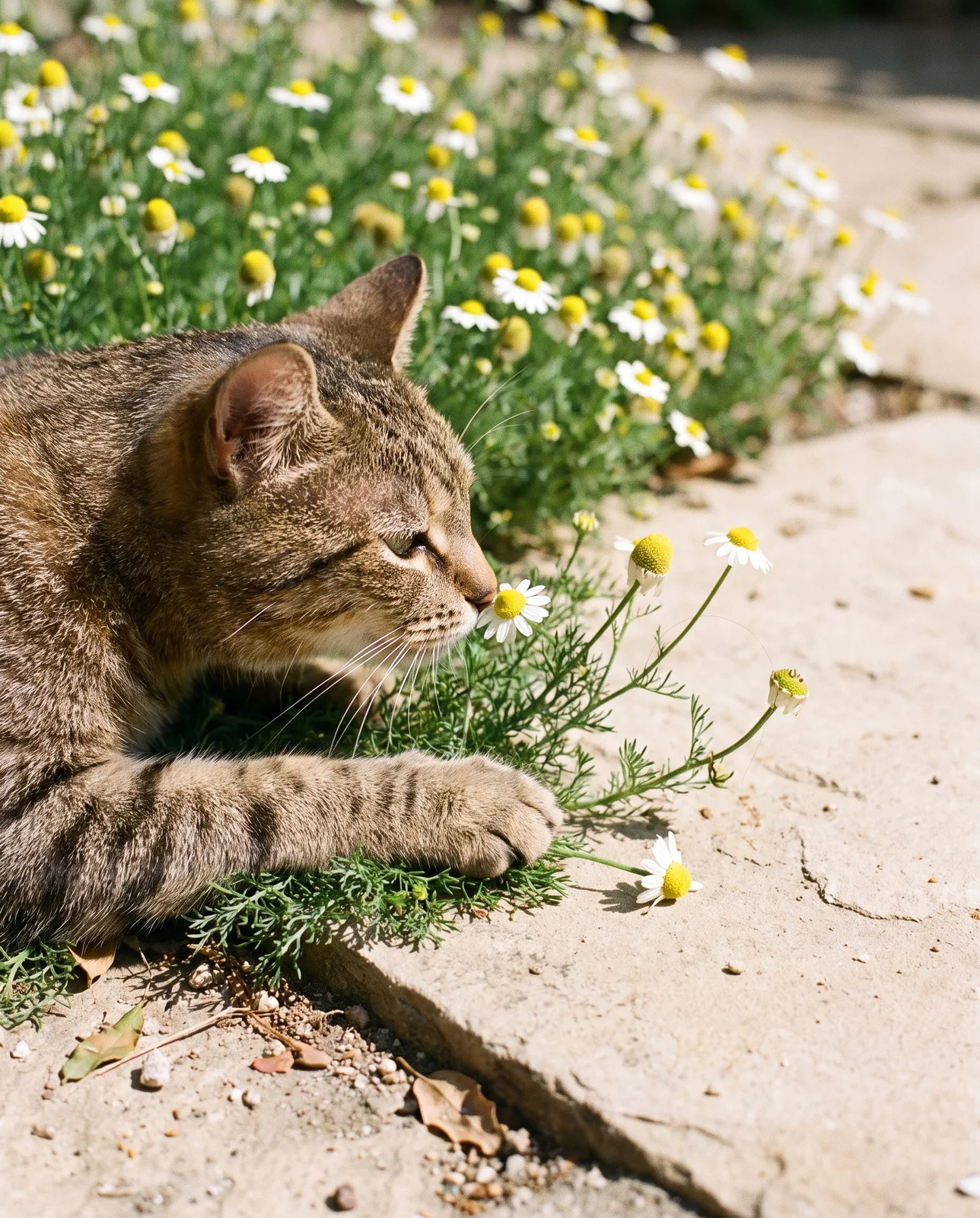 A tabby cat lying on a warm flagstone at the edge of a flowering chamomile mat and sniffing at it