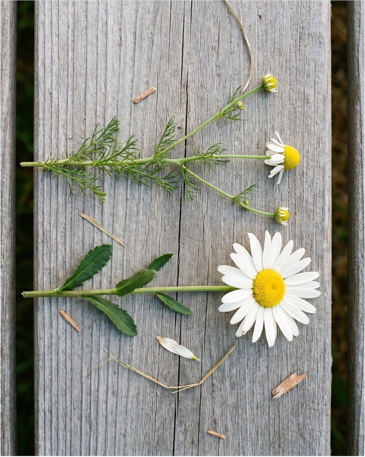 A chamomile stem with thread-fine leaves laid beside an oxeye daisy stem with toothed spoon-shaped leaves