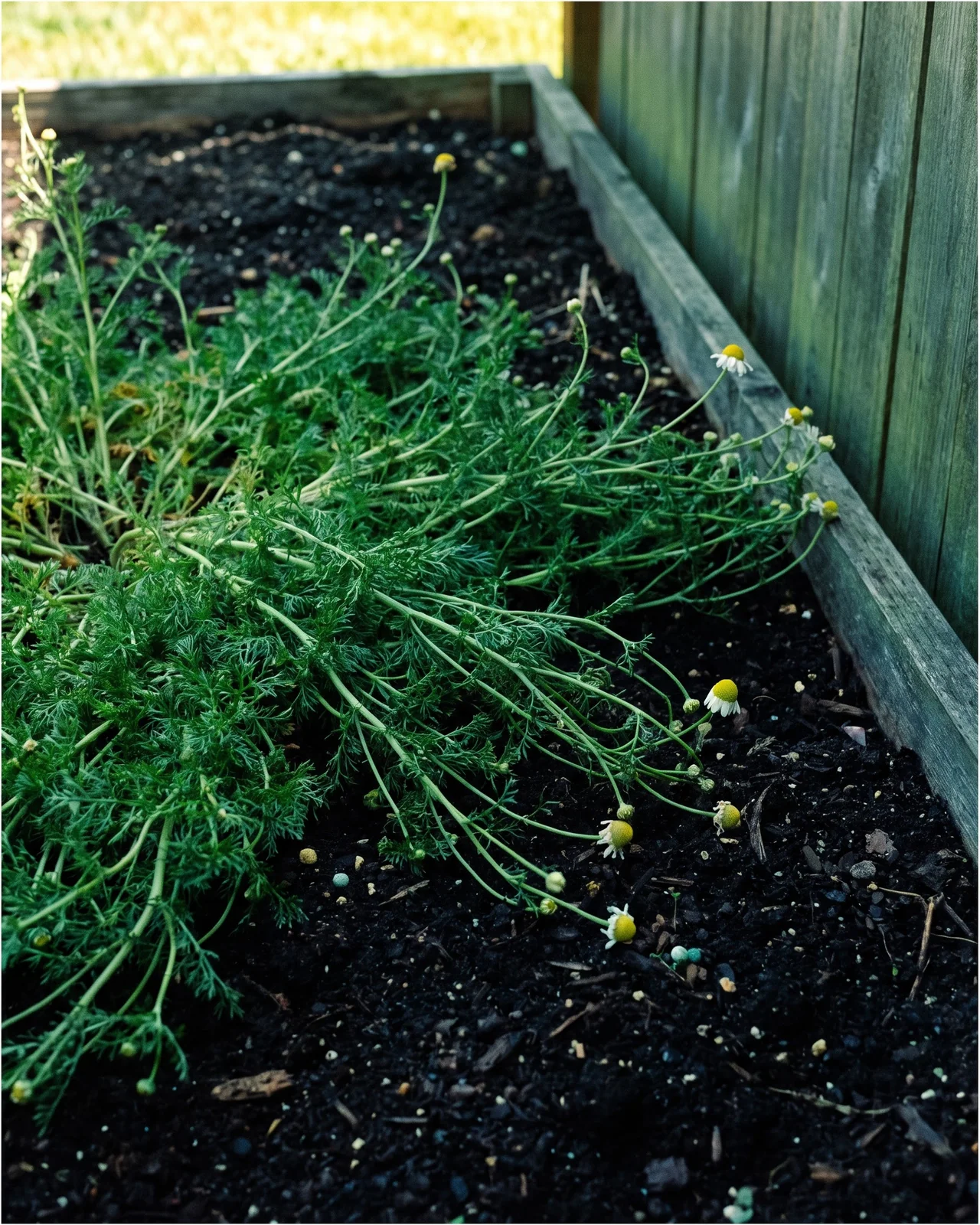 A tall floppy chamomile plant grown lush in dark rich compost with almost no flowers on it