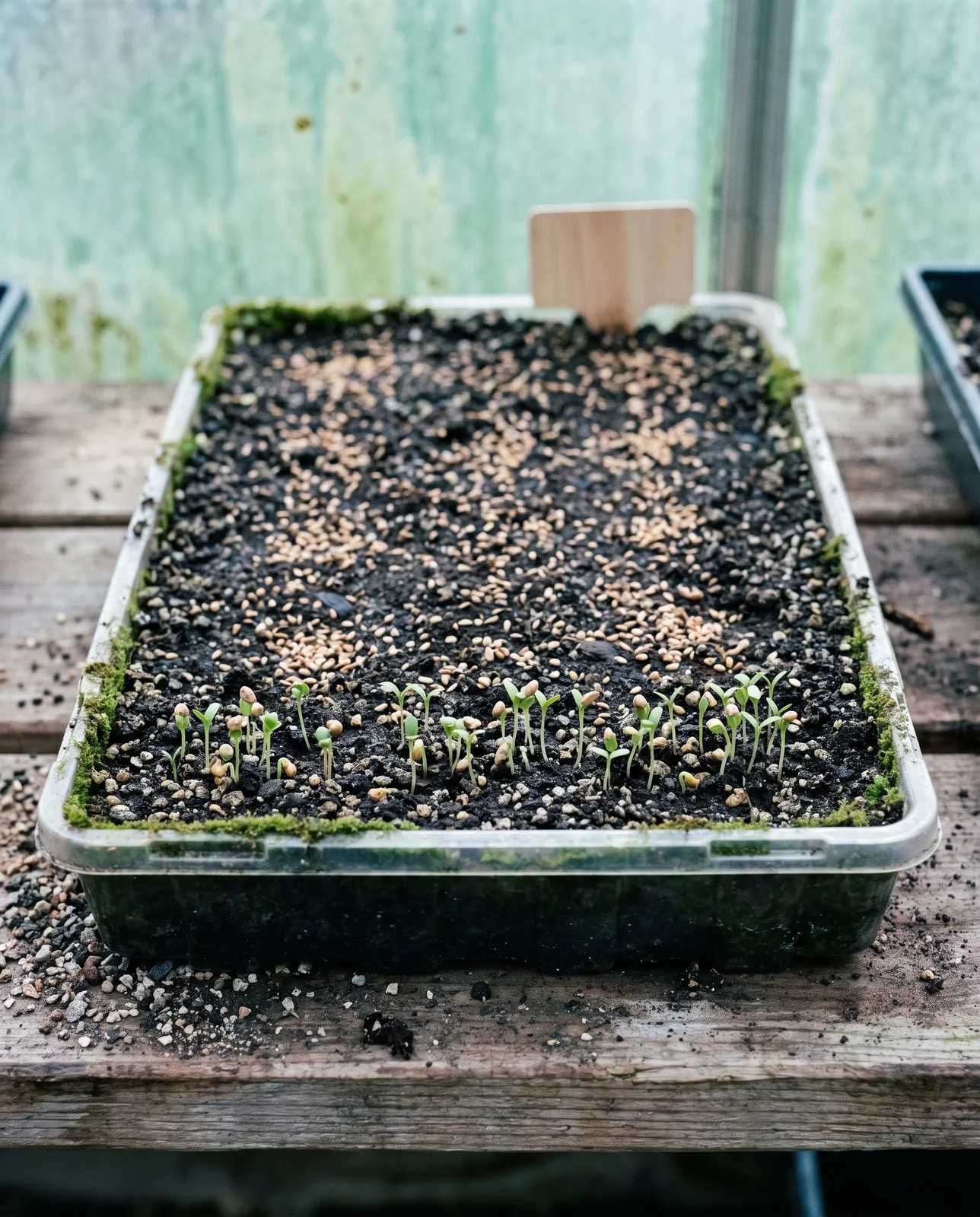 Dust-fine chamomile seed pressed onto the bare surface of a seed tray with hair-fine seedlings emerging at one end