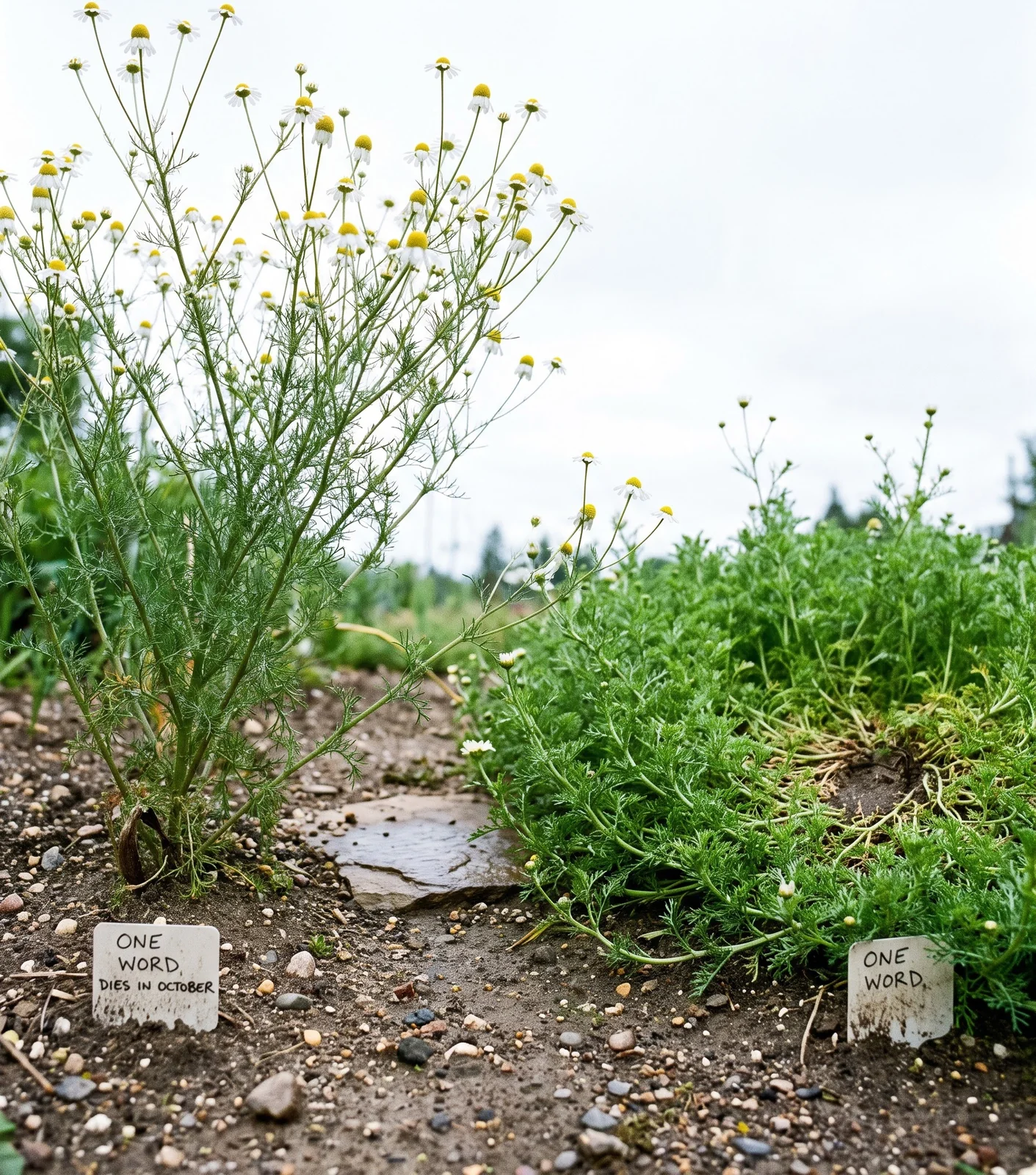 An upright German chamomile plant beside a low creeping Roman chamomile mat in the same garden bed