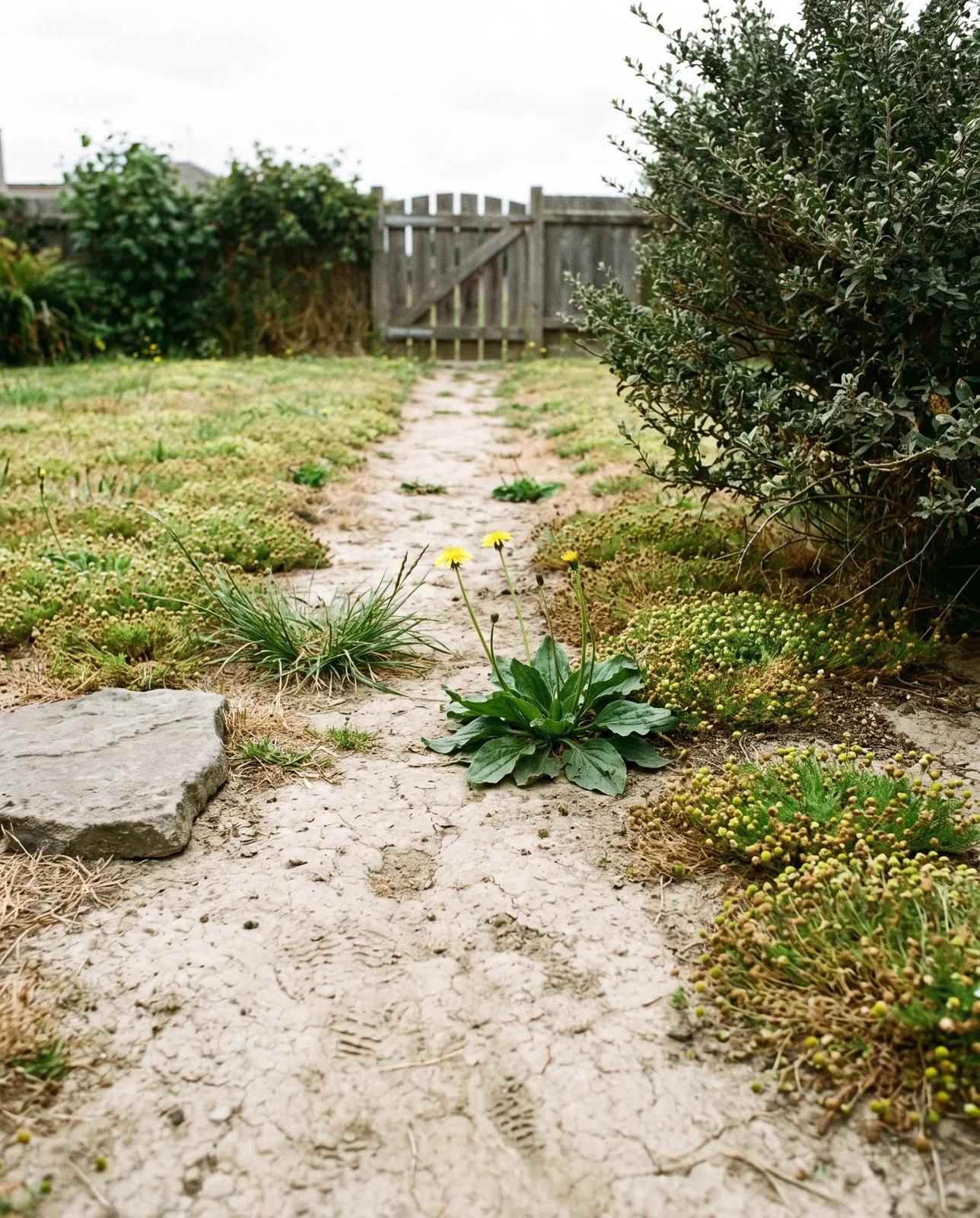 A chamomile lawn worn into bare compacted patches with broadleaf weeds filling the gaps