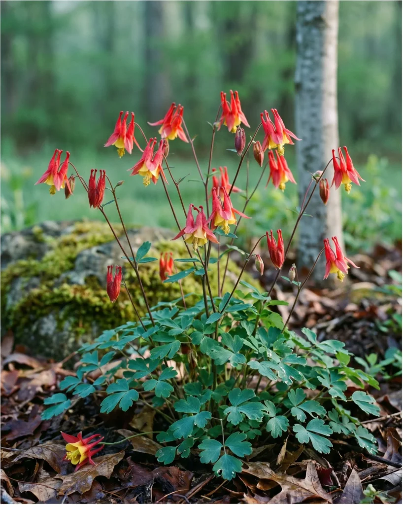 Red and yellow wild columbine flowers backlit at the shaded edge of a Piedmont yard in April