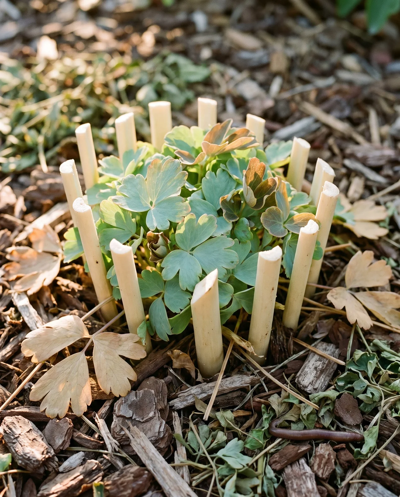 A columbine crown cut to the base with pale cut stubs and a fresh mound of clean new leaves emerging