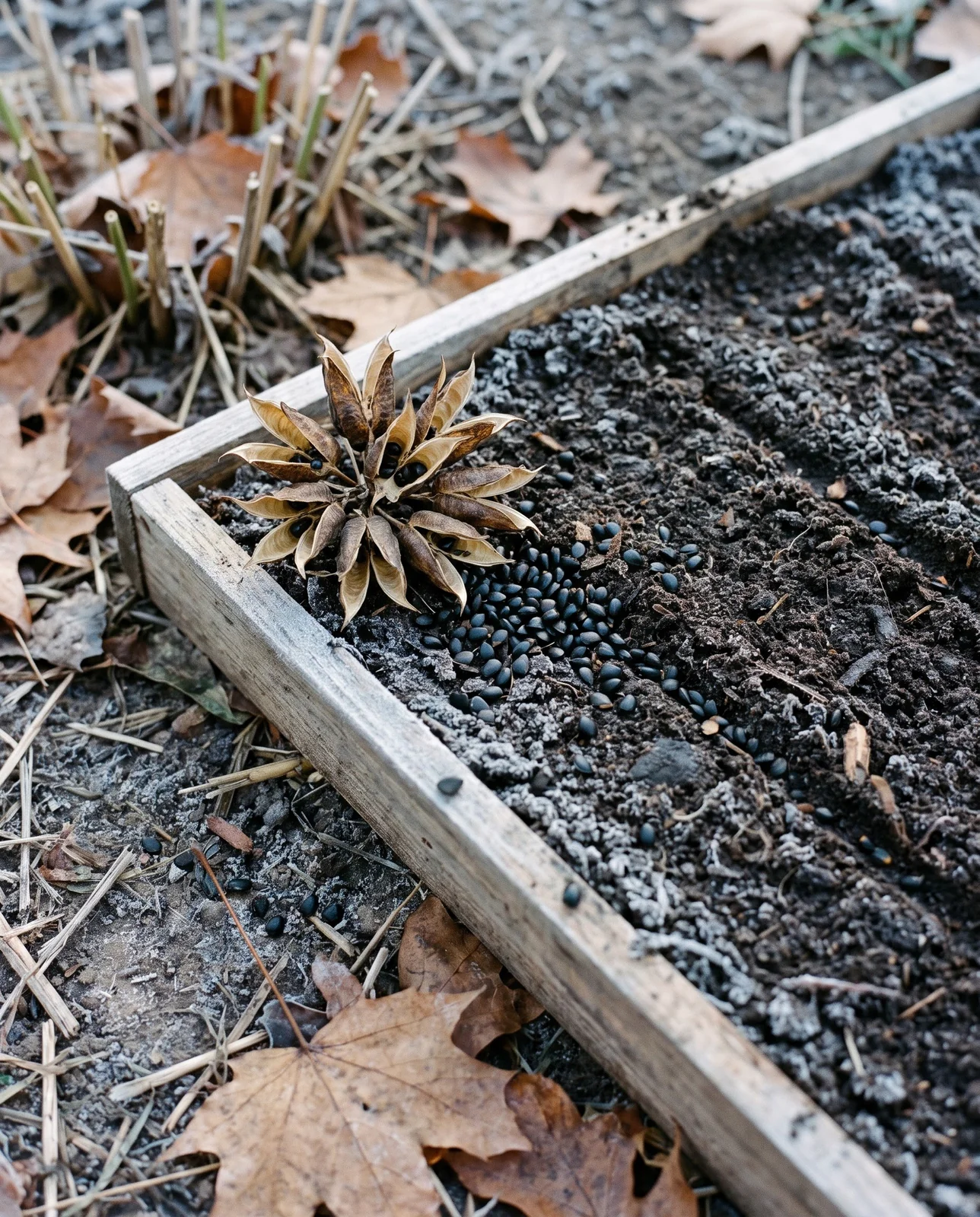 Shiny black columbine seed spilled from split follicles onto damp compost in a seed flat outdoors in November