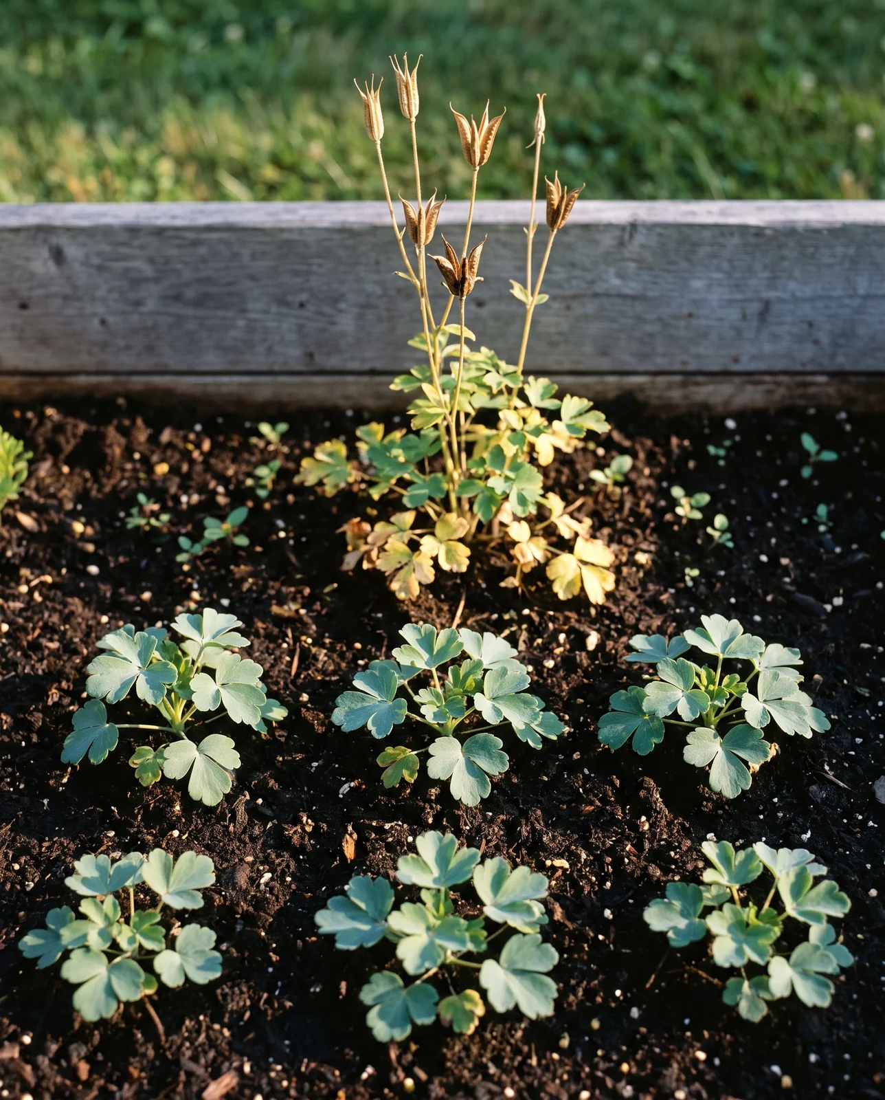 Low leafy first-year columbine plants with no flower stems beside an older plant carrying dry seed stalks