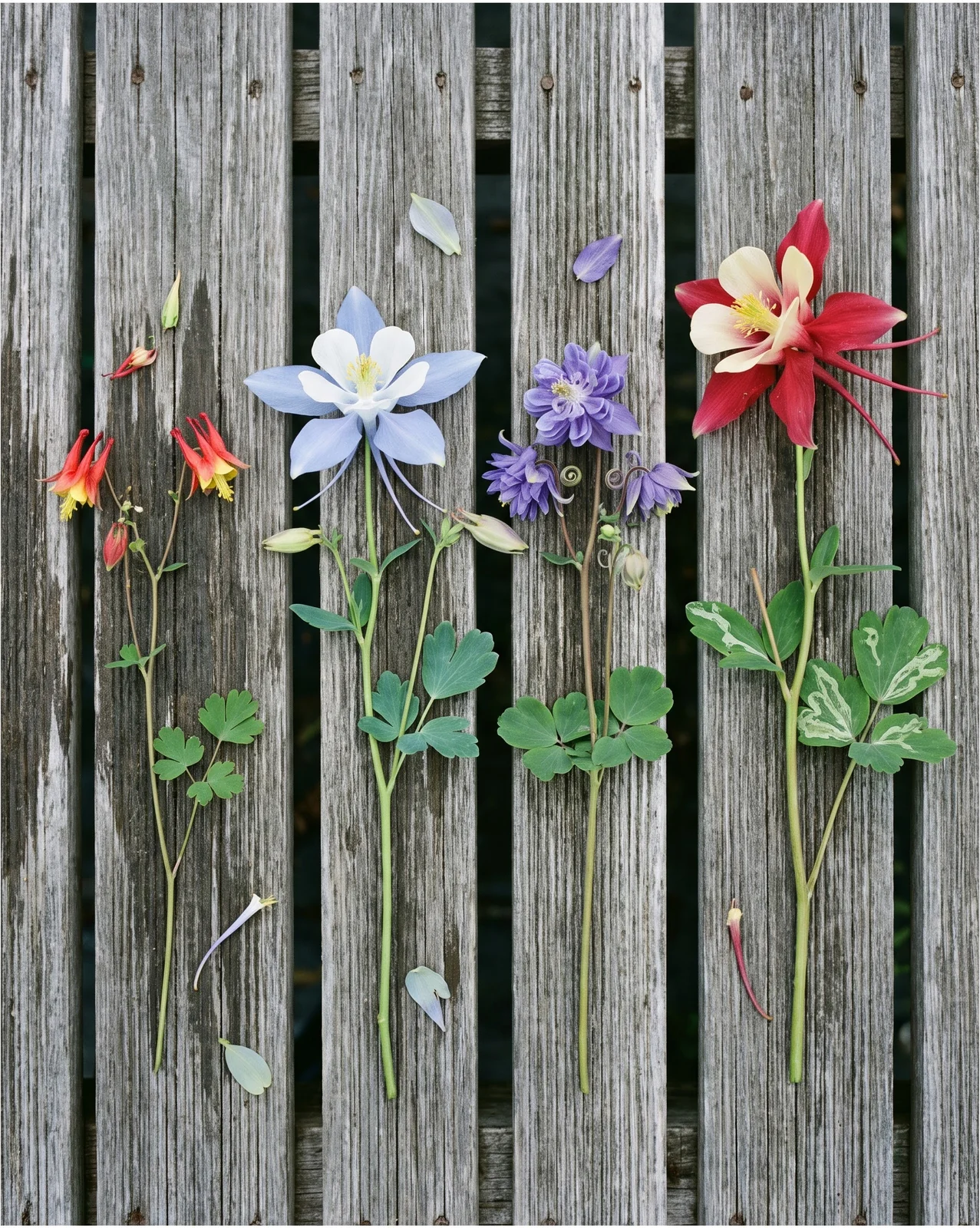 Four cut columbine stems of different species laid apart on a scrubbed cedar nursery bench
