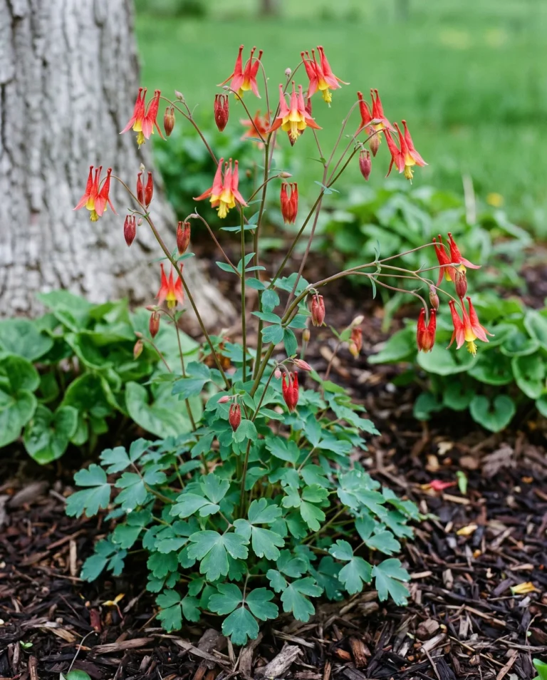 A tall wild columbine plant with nodding red and yellow flowers in a native planting bed