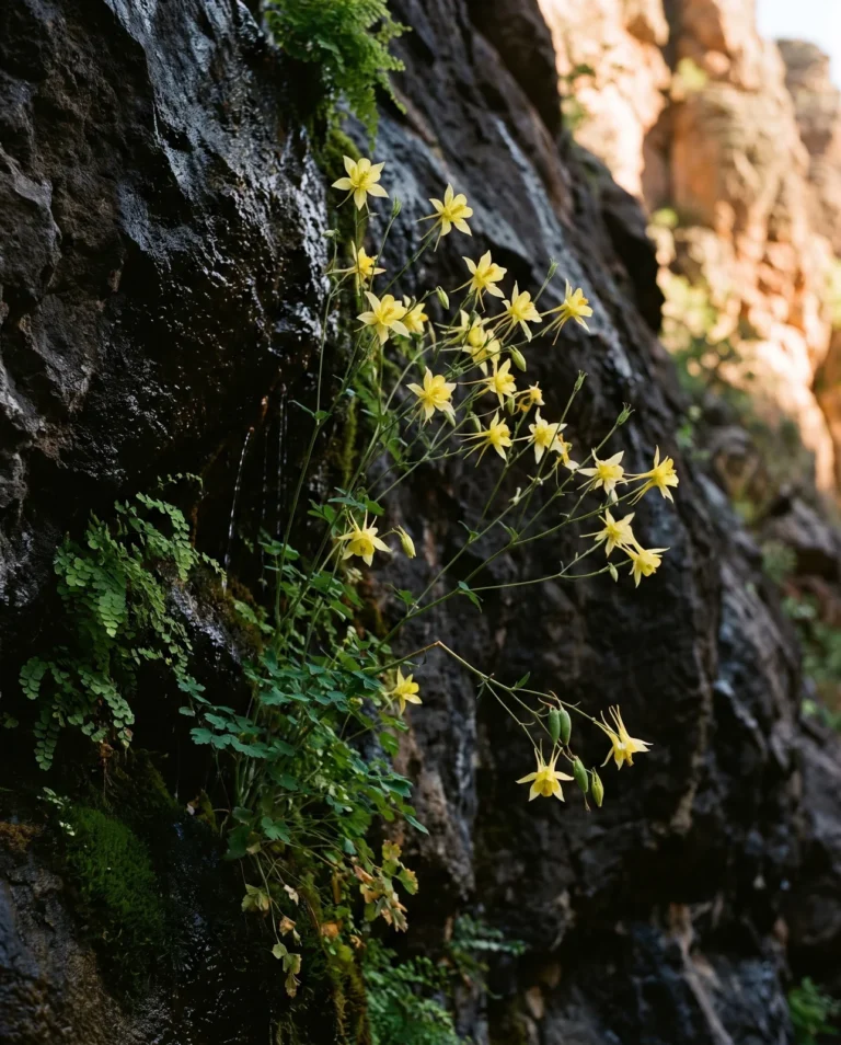 Tall golden columbine with long spurred yellow flowers at a shaded canyon seep