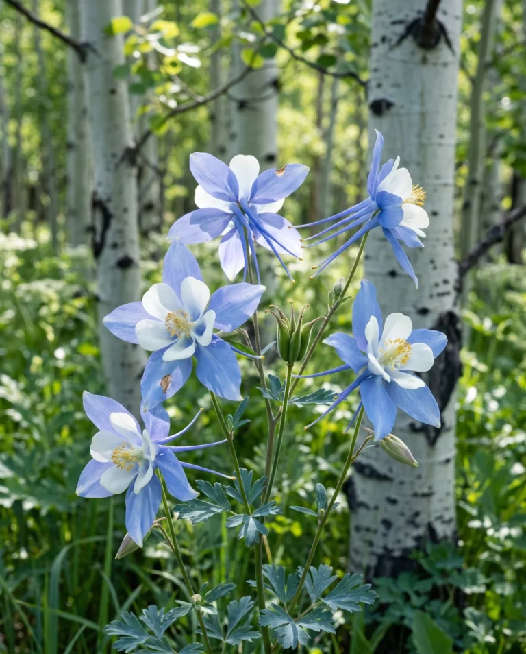 Sky blue and white Rocky Mountain columbine flowers at the edge of an aspen grove