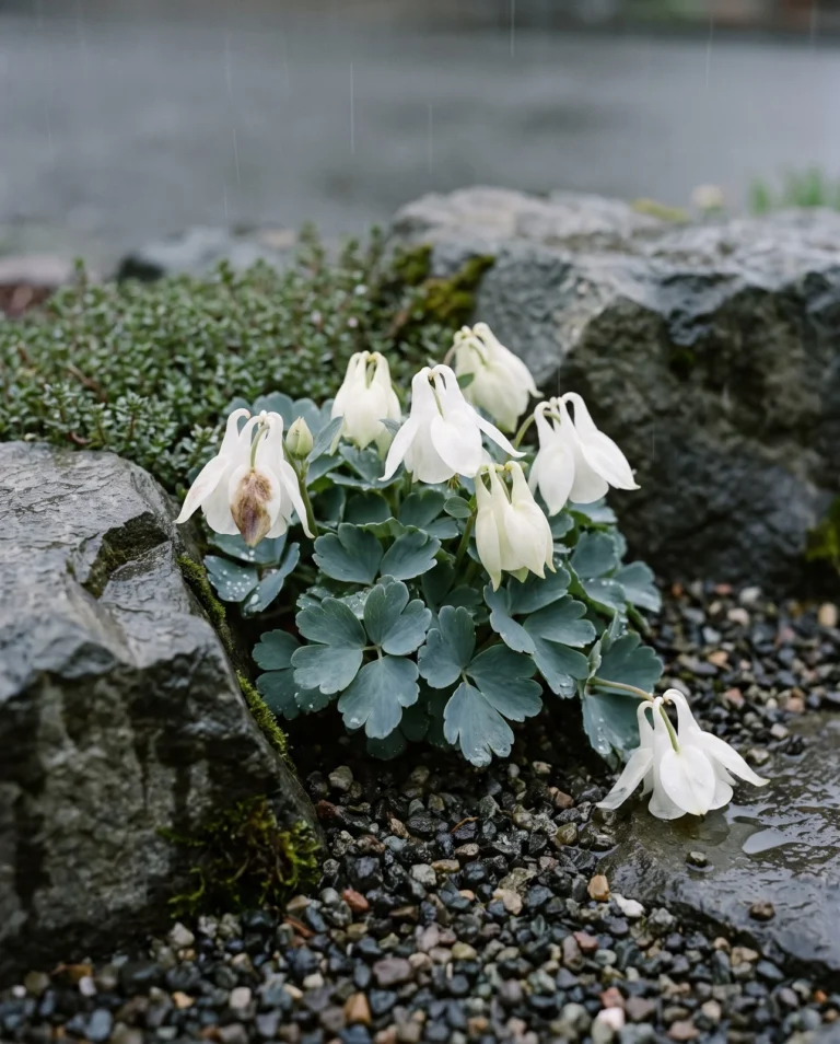 Short white fan columbine with thick blue grey leaves in a gritty raised rock garden in rain