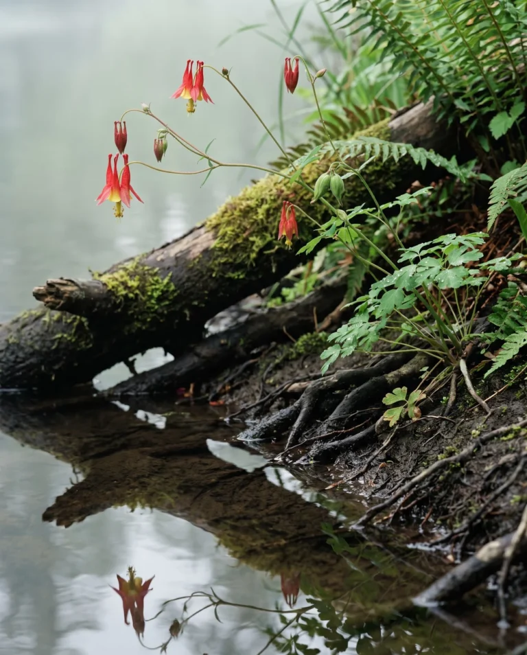 Western red columbine leaning over a shaded streambank under coastal fog