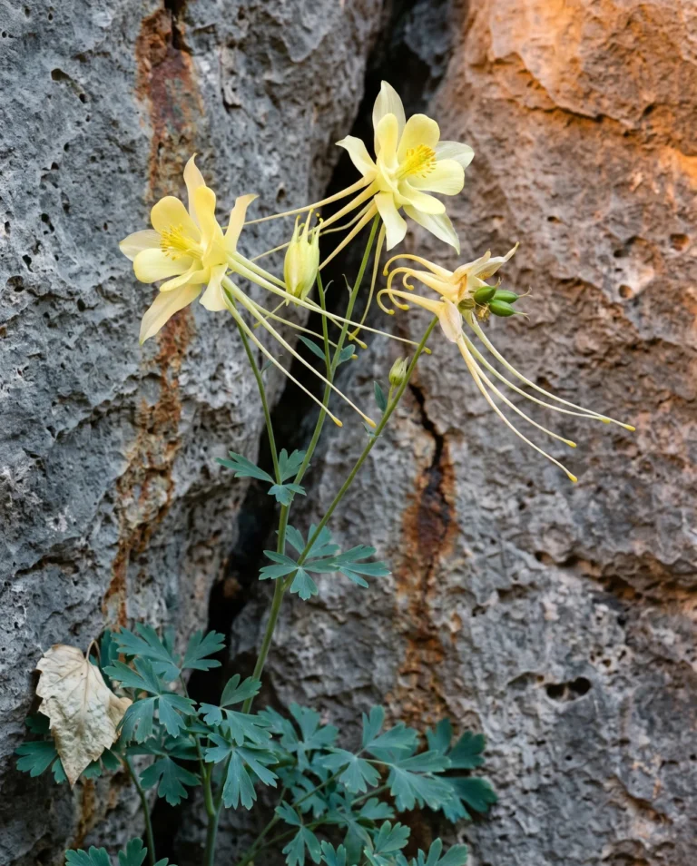 Pale yellow longspur columbine with extremely long trailing spurs against a shaded limestone wall