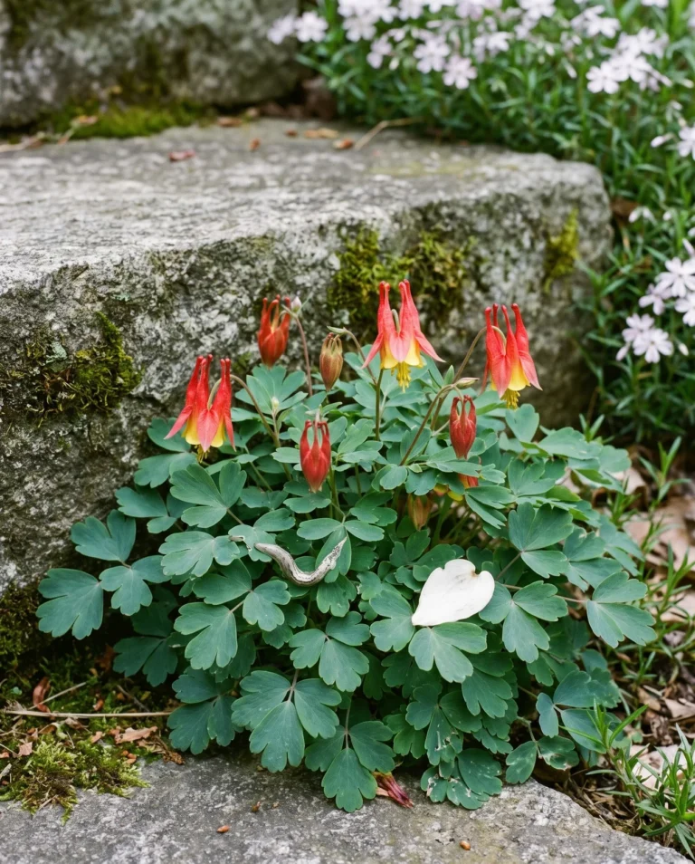A ten inch dwarf columbine with red and yellow flowers at the foot of a shaded stone step