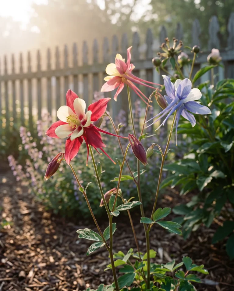 Tall long spurred bicoloured McKana hybrid columbine flowers in a mixed cottage bed