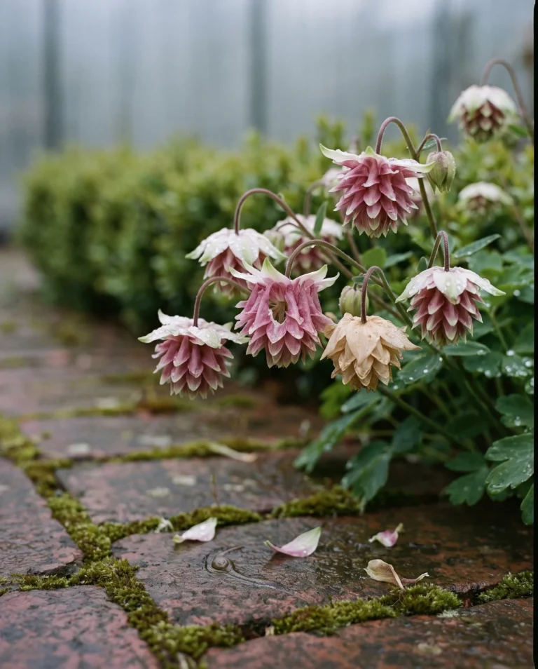Double pink and white pompon columbine flowers without visible spurs beside an old brick path