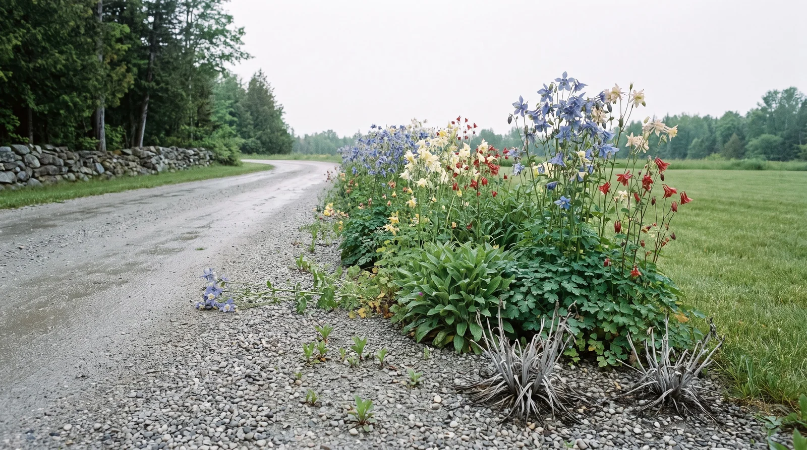 A self-sown columbine colony of many ages spread along a gravel drive edge and into the grass