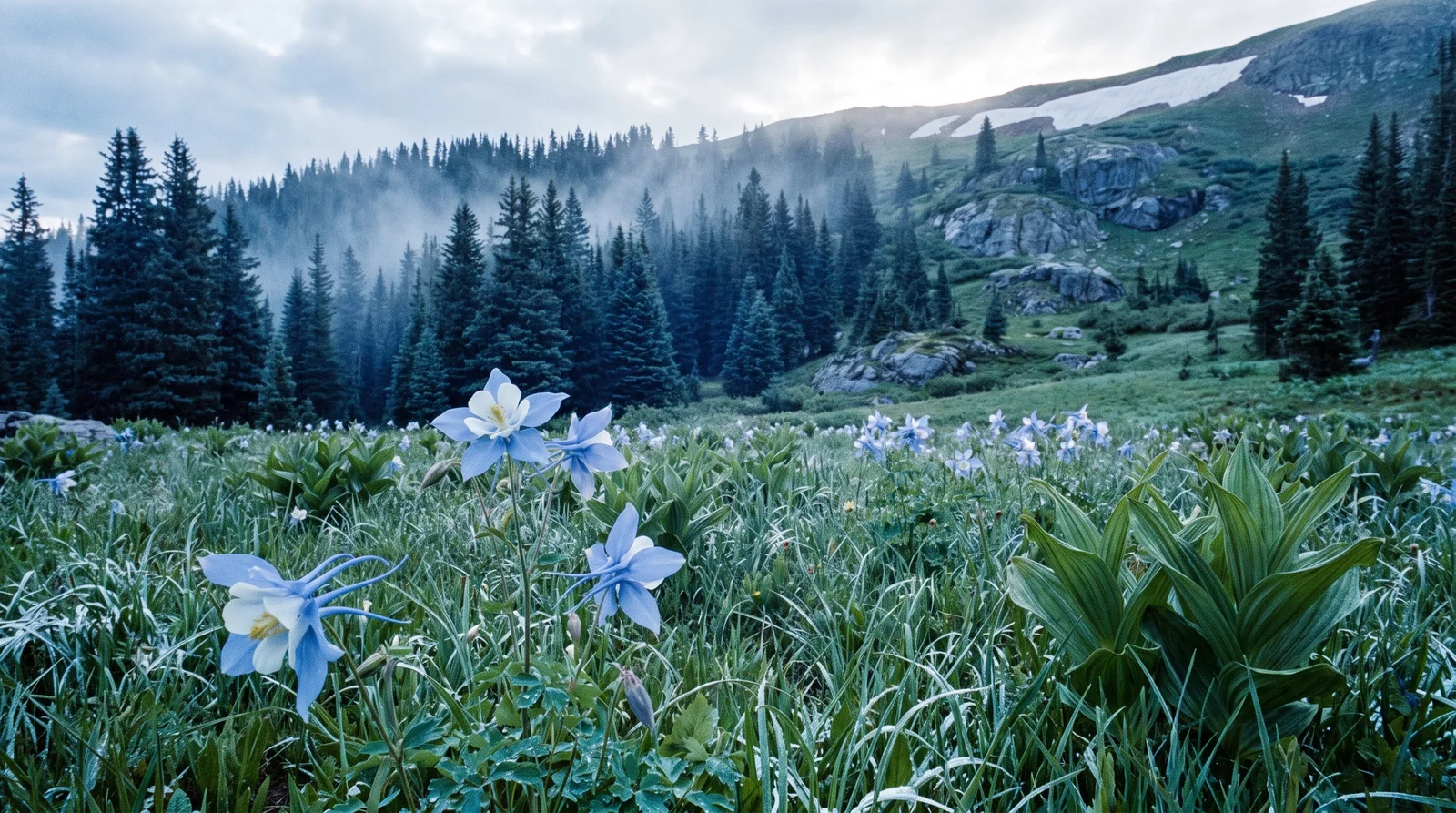 Blue and white Rocky Mountain columbine scattered through a subalpine meadow below spruce and fir
