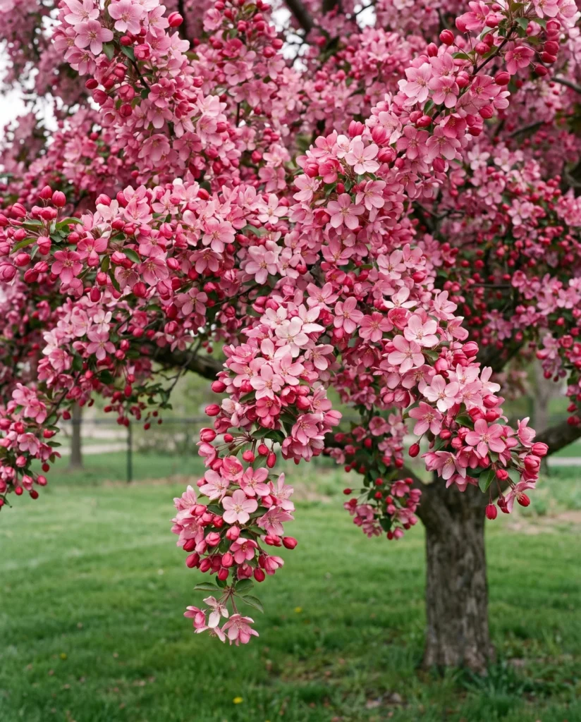 An old unlabeled crabapple in full spring bloom in a university arboretum trial bed in Madison, Wisconsin