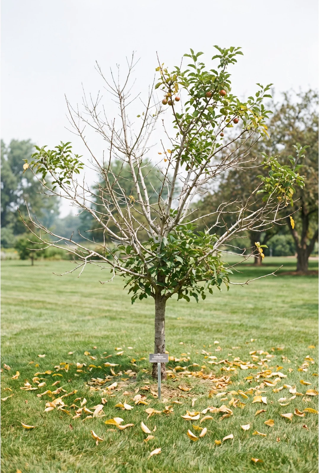 A scab-susceptible crabapple cultivar two trees down the same trial row, canopy thinned to scattered leaf clumps by July