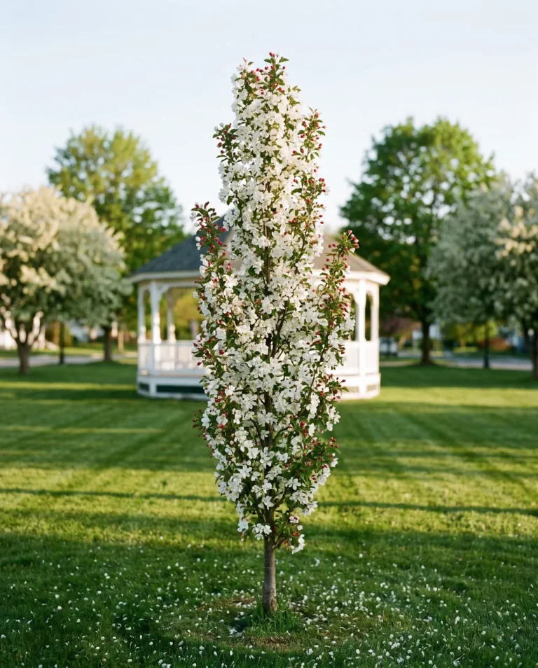 'Adirondack' crabapple in narrow upright columnar bloom on a Vermont town common at golden hour