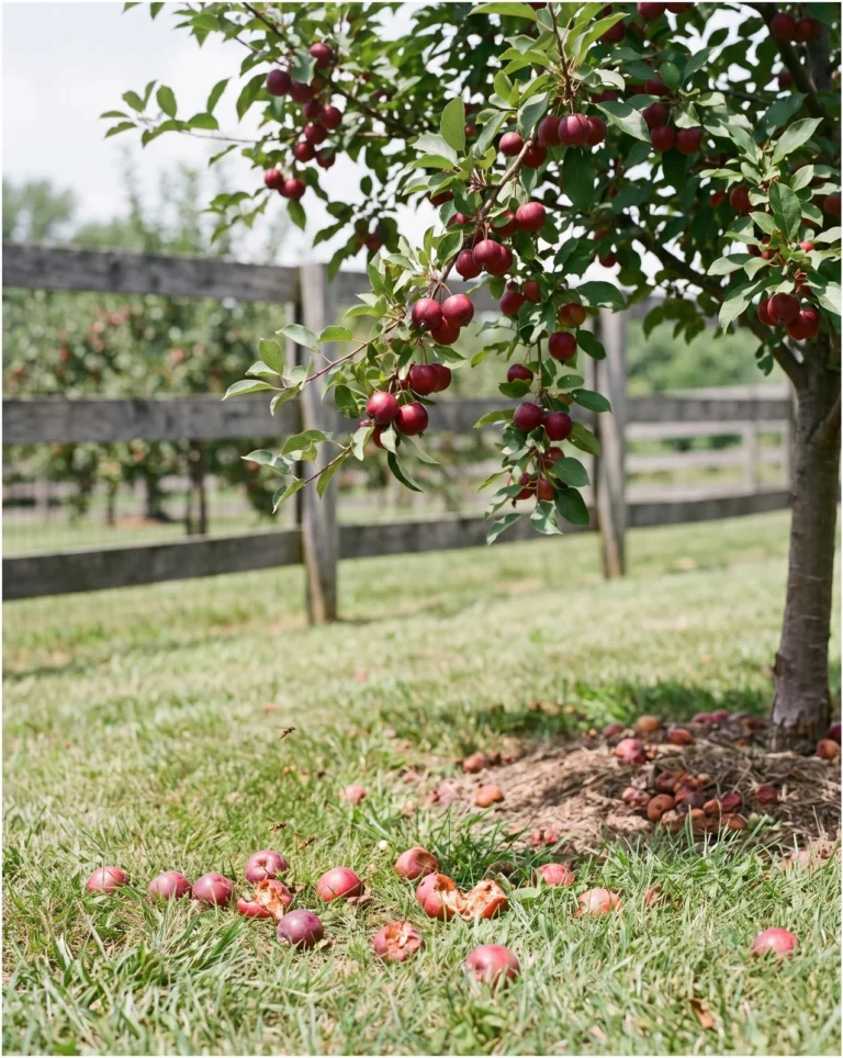 'Dolgo' crabapple with large ripening red fruit dropped early beneath the tree at a Missouri orchard in July