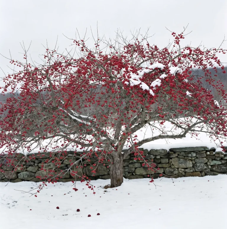 'Donald Wyman' crabapple's wide spreading winter form behind a Connecticut fieldstone wall, red fruit holding through snow