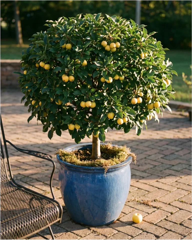 'Lollipop' crabapple's tight rounded form in a blue container on an Illinois patio, butter-yellow fruit in early fall