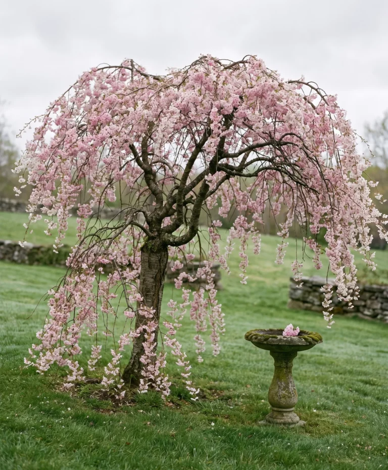 'Louisa' crabapple's weeping, drooping form on a sloped lawn at a Connecticut estate garden, soft pink bloom cascading