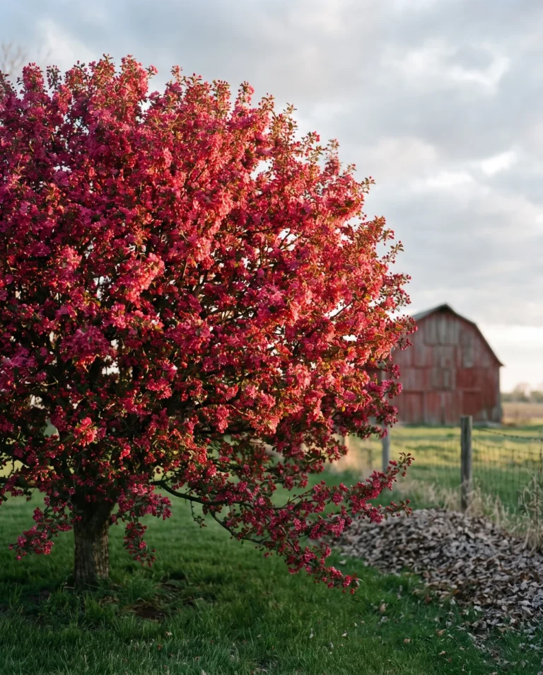 'Prairifire' crabapple in dense rounded deep pink-red bloom beside an Iowa farmhouse and red barn
