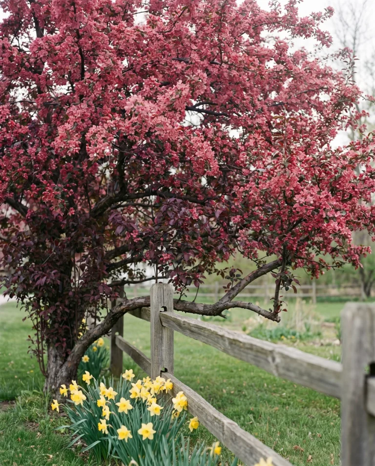 'Purple Prince' crabapple's purple-red foliage and pink-red bloom along a Michigan split-rail fence with daffodils