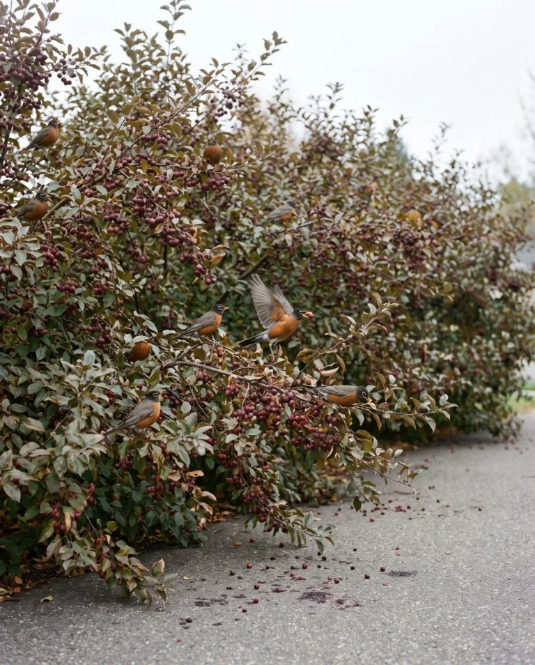 Sargent crabapple's wide dwarf hedge form outside Minneapolis in October, robins feeding on dark purple fruit
