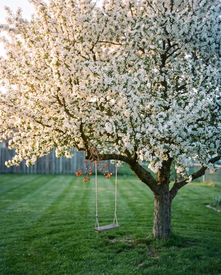 'Snowdrift' crabapple in full white bloom over an Ohio backyard, a weathered rope swing hanging from a lower limb