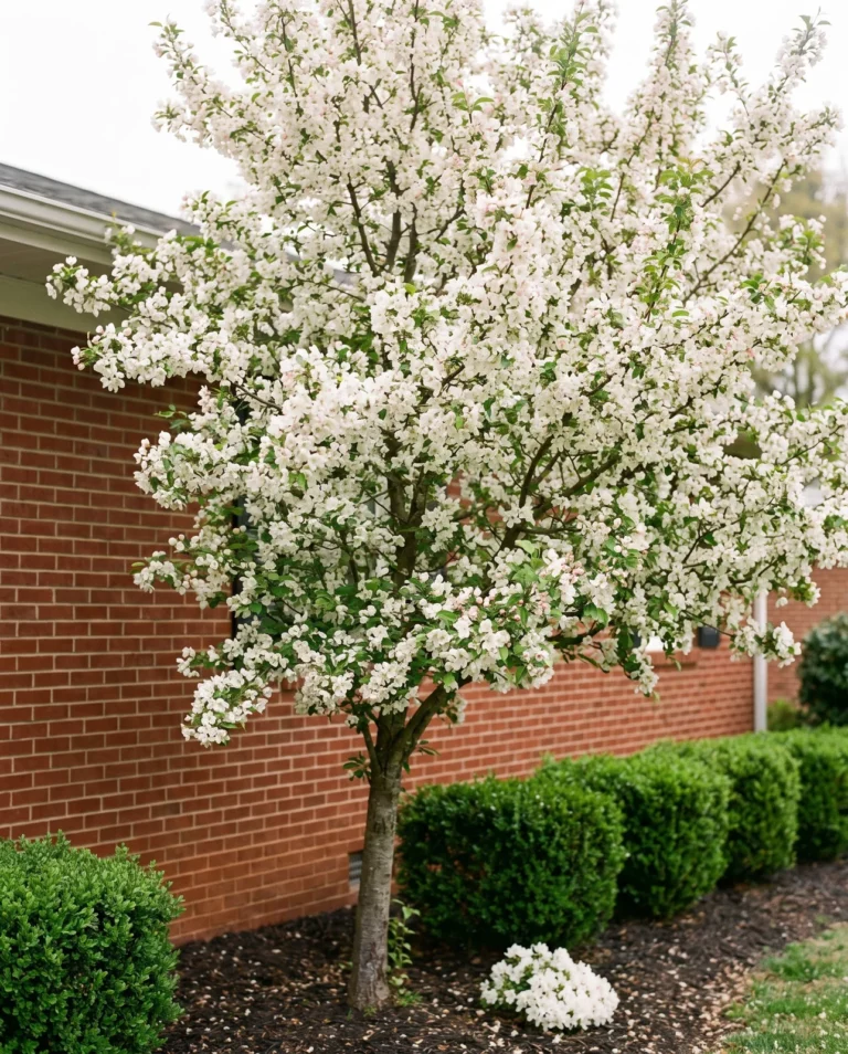 'Sugar Tyme' crabapple with clean, unmarked foliage and near-white bloom beside a brick house in the Georgia Piedmont