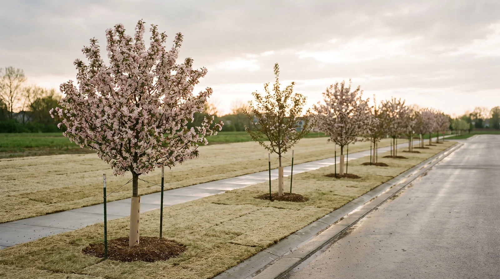 A new Ohio subdivision street lined with young matched crabapples in first bloom, evenly spaced along the curb