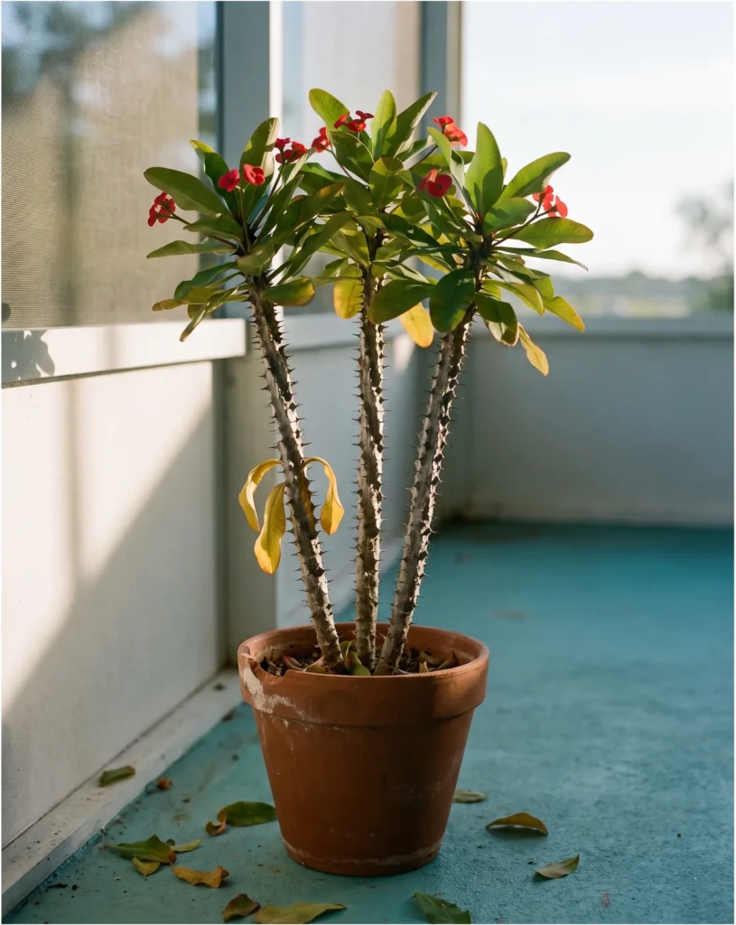 An old crown of thorns plant with long bare spiny stems and all its leaves and scarlet bracts gathered at the tips