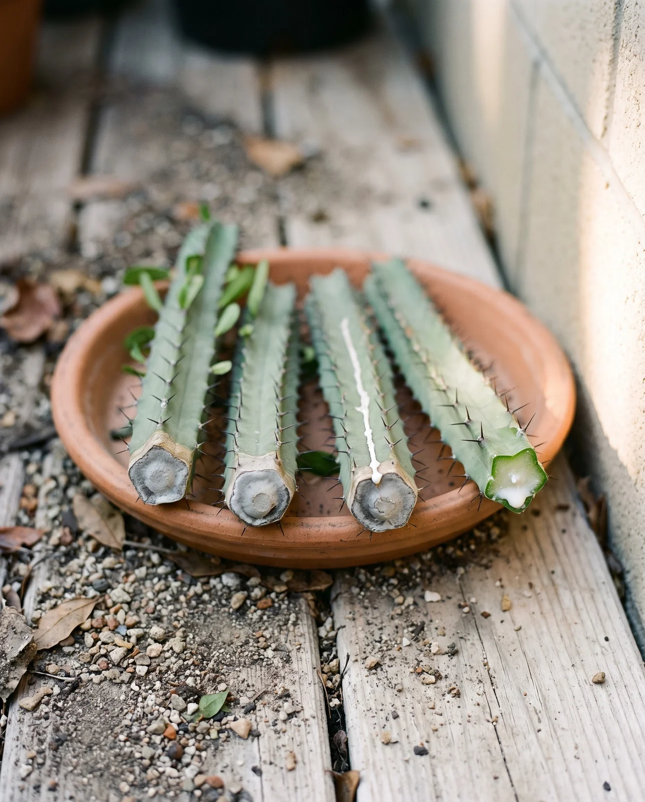 Four crown of thorns cuttings drying on a clay saucer, cut ends sealed with grey-white dried latex