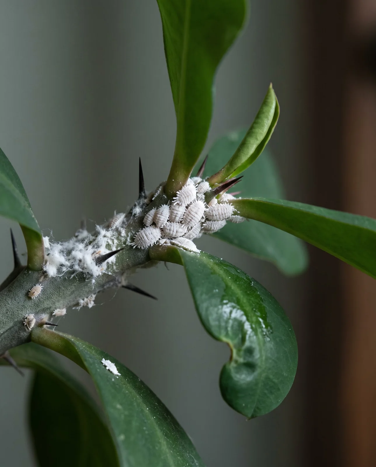 Macro of white waxy mealybugs wedged into the leaf axils of a crown of thorns stem in dim indoor light