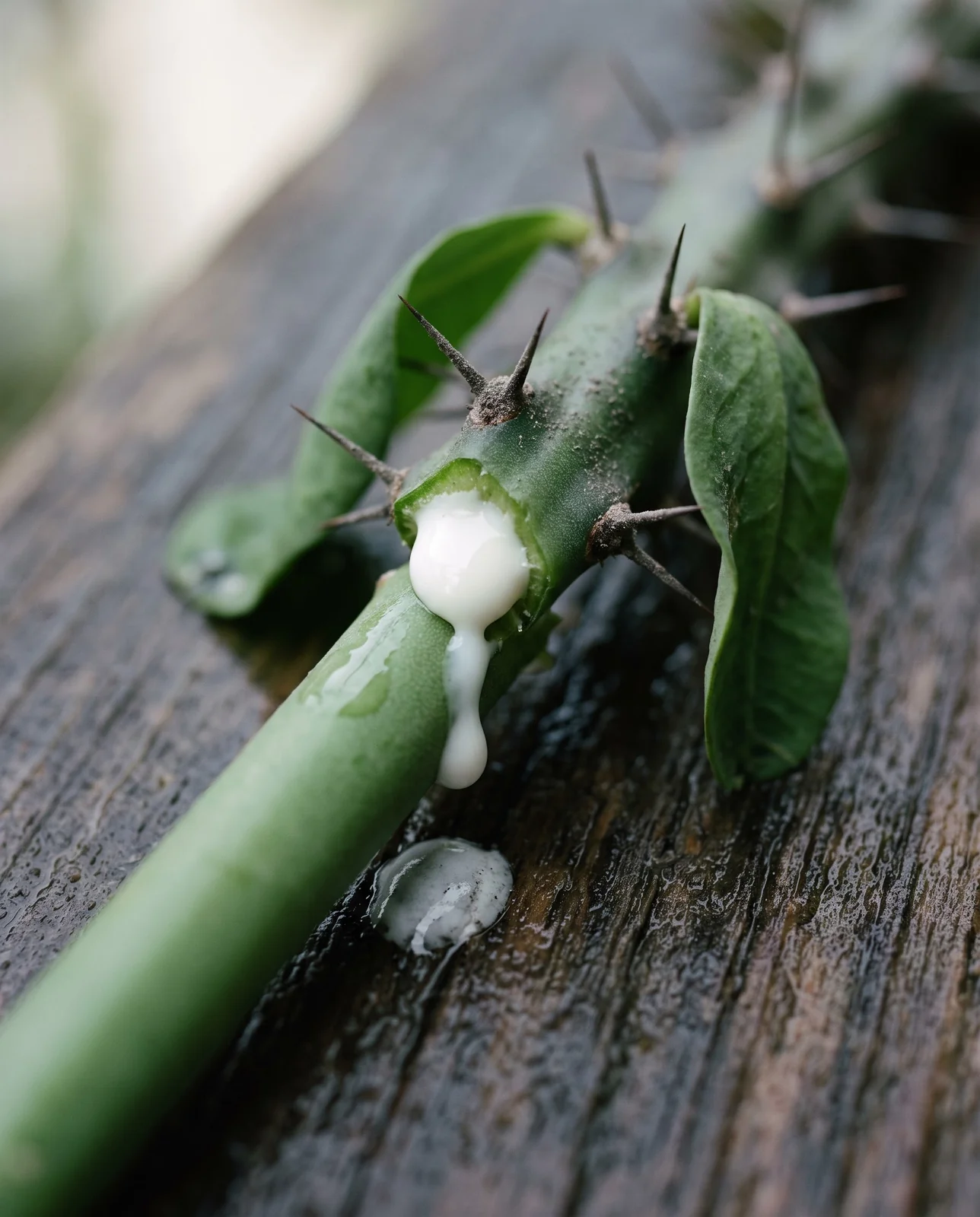 Macro of a snapped crown of thorns stem beading thick milky white latex on a dark potting board