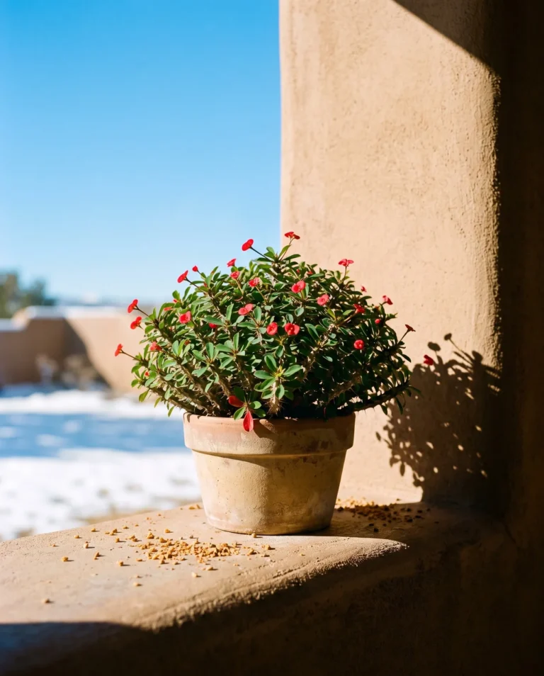 A dwarf compact crown of thorns, wider than tall with small red bracts, on a Santa Fe adobe ledge