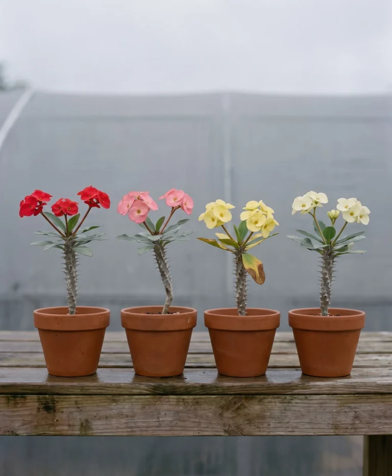 Four crown of thorns plants in unmarked terracotta pots showing scarlet, pink, yellow and cream bracts
