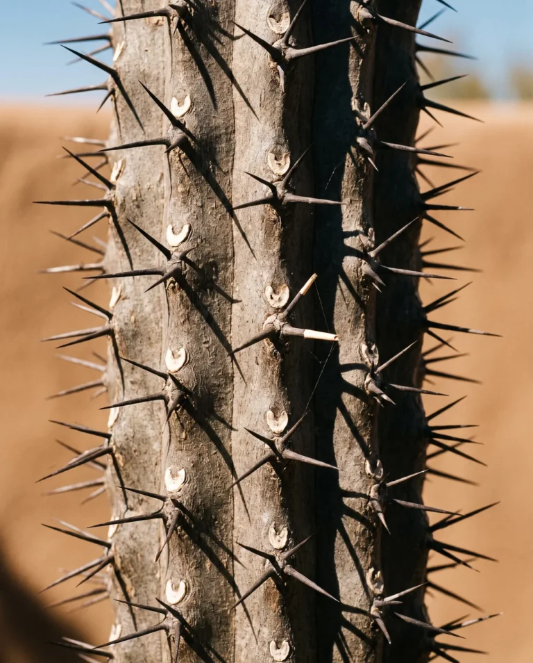 Macro of the woody crown of thorns stem covered in dense straight black spines under raking sun