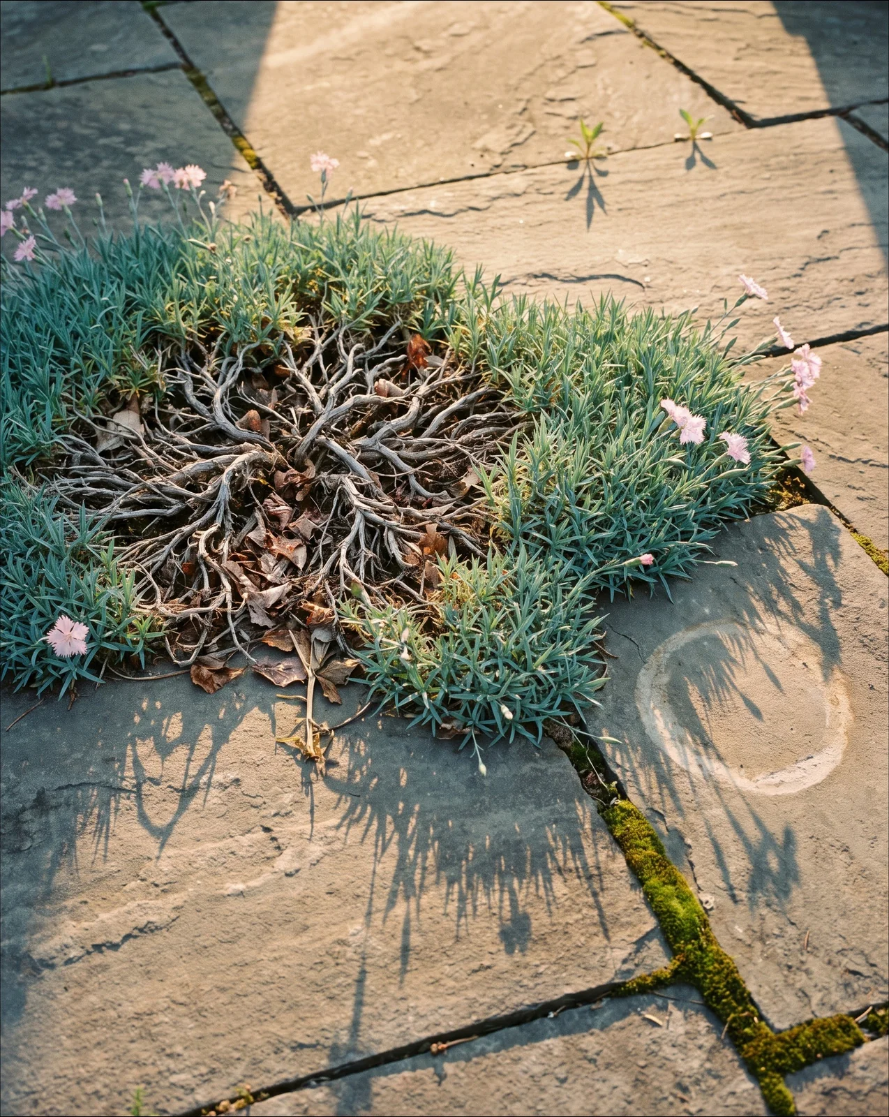 A dianthus mat slowly widening across the joints of a stone terrace without sending out runners