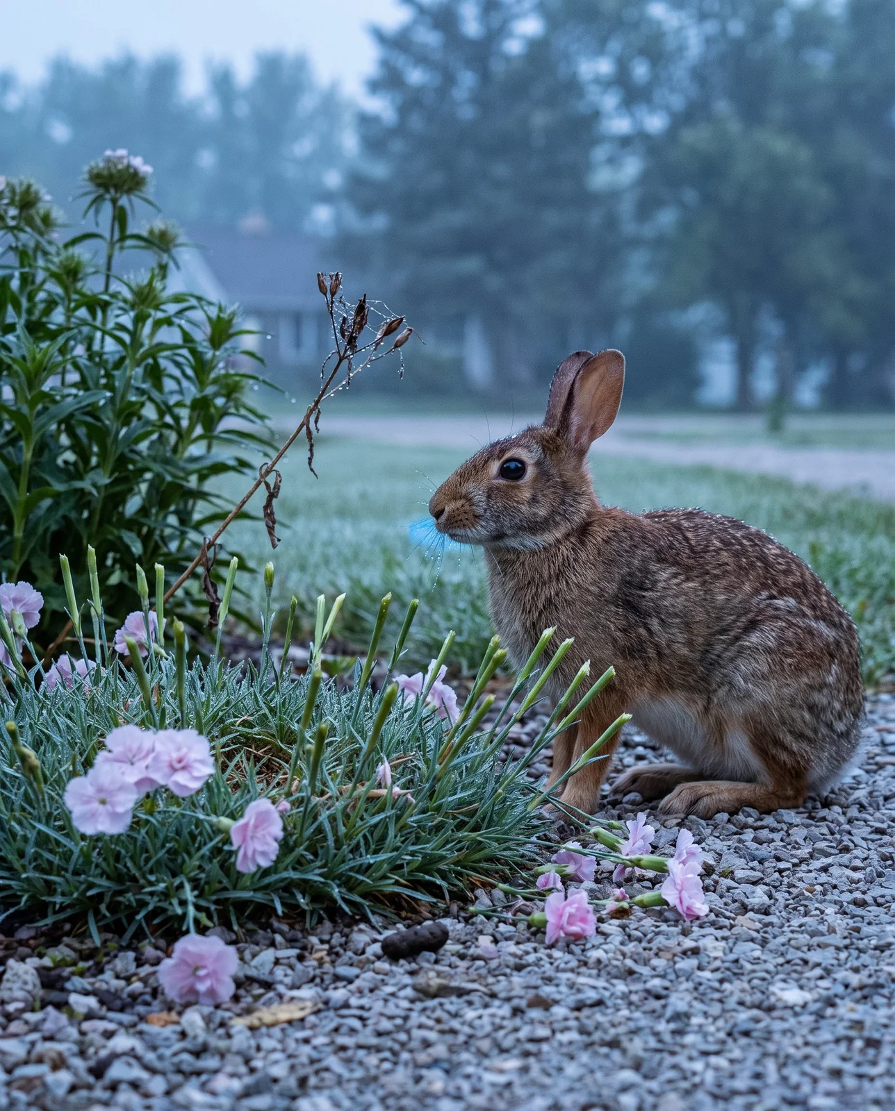 A cottontail rabbit sitting at the edge of a cottage bed where dianthus stems have been bitten off cleanly
