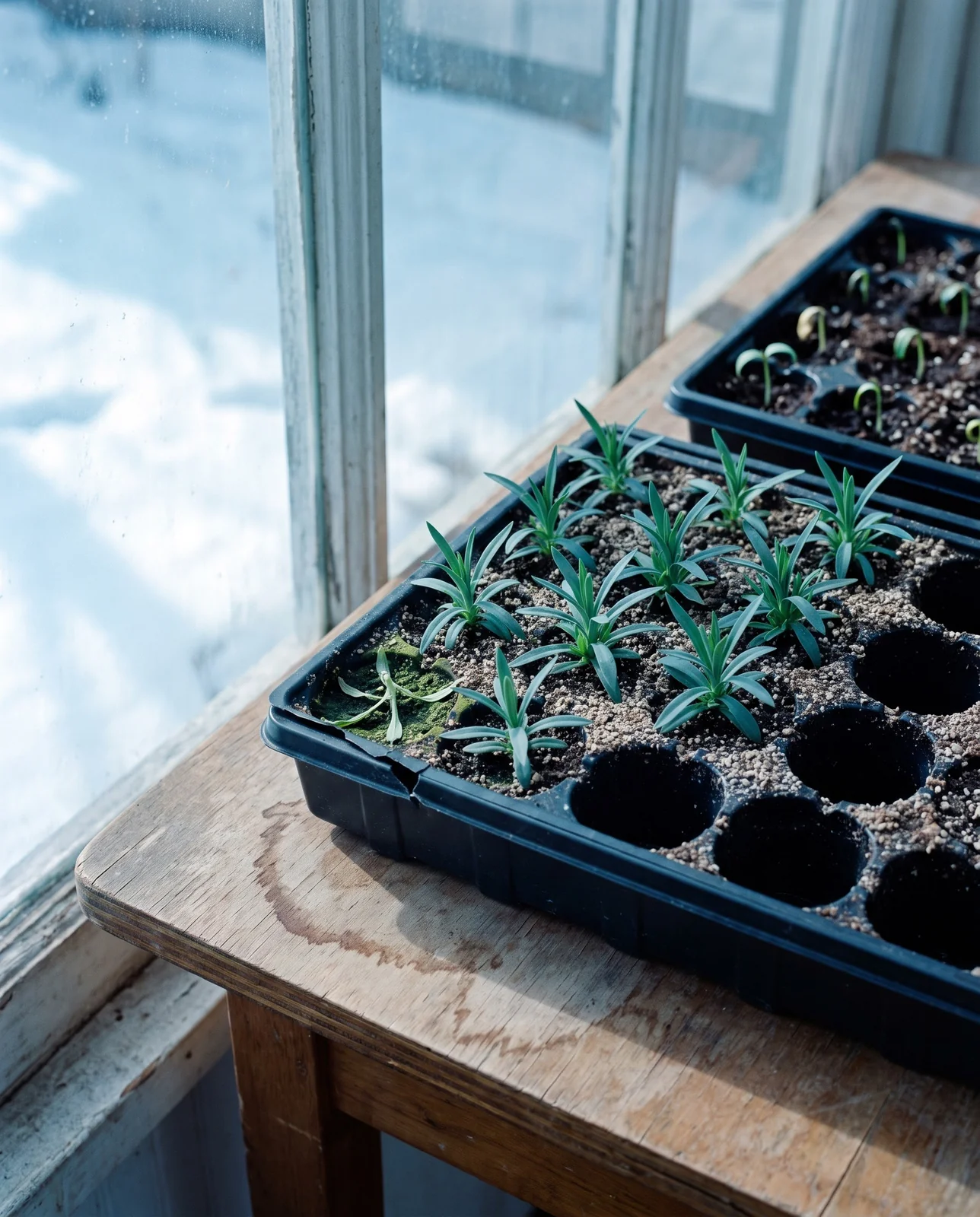 A tray of young dianthus seedlings on an unheated porch in cool bright late-winter light